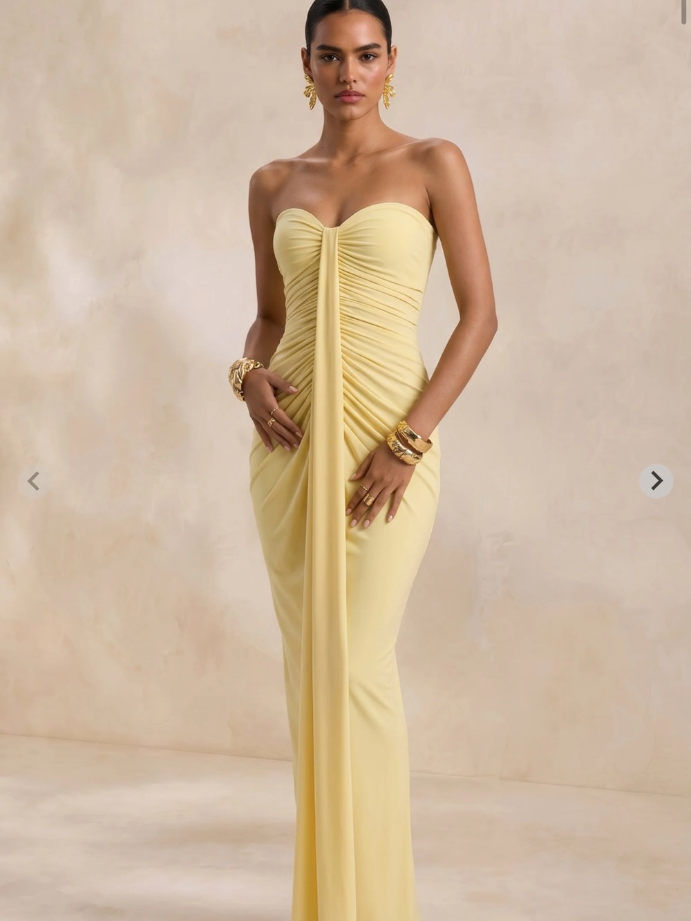 CLUB LONDON Strapless Ruched Column Dress in Pale Yellow